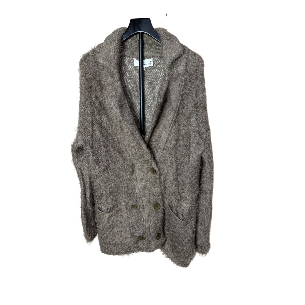 Newbury Kustom Womens Fuzzy Double Breasted Cardigan Sweater Taupe S/M